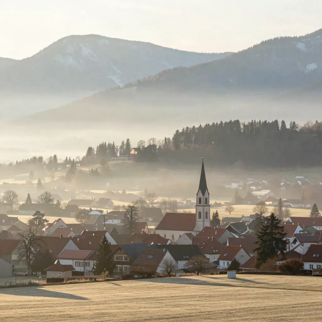 München und Südbayern im Morgennebel mit Kirchturm und fernen Alpen