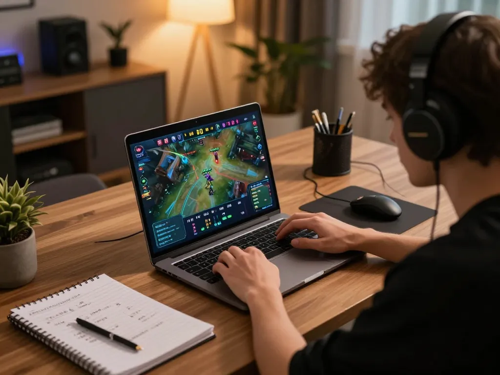 Engaged player betting on esports at home with a laptop screen displaying mk8th live tournament.