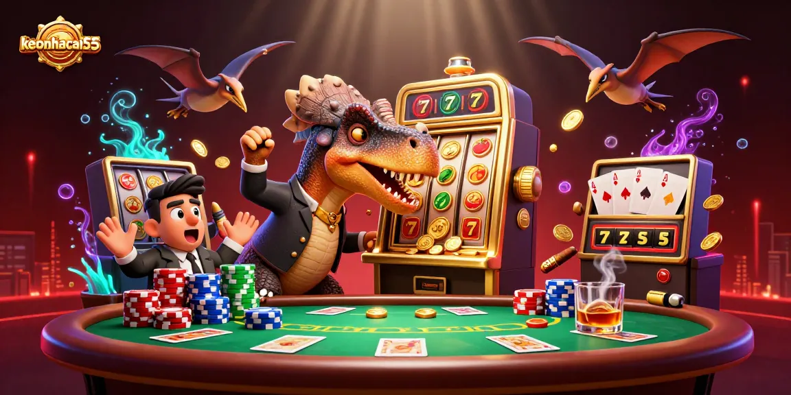 Engage with keonhacai55 as a pachycephalosaurus hits a slot machine, surrounded by casino chaos.