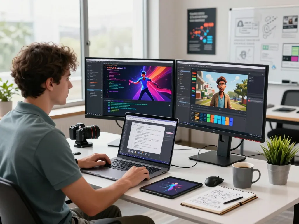 Developer using motion control ai in a modern tech workspace, showcasing dynamic character animations on dual monitors.