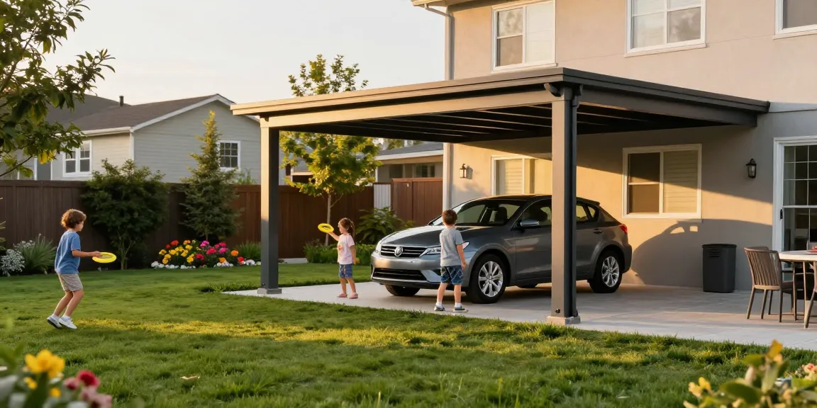 Der Carport bietet Schutz für Fahrzeuge in einem modernen Zuhause mit Garten und spielenden Kindern.