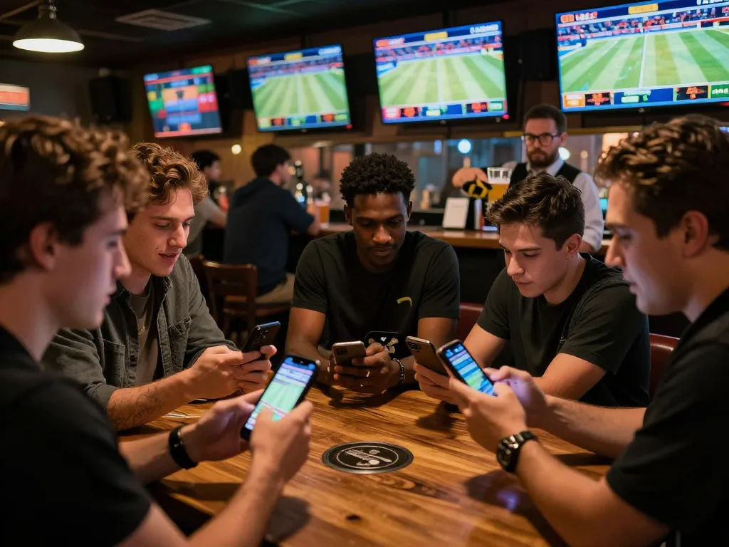 Engaged bettors analyzing live sports on smartphones while placing bets on mk 8 games.