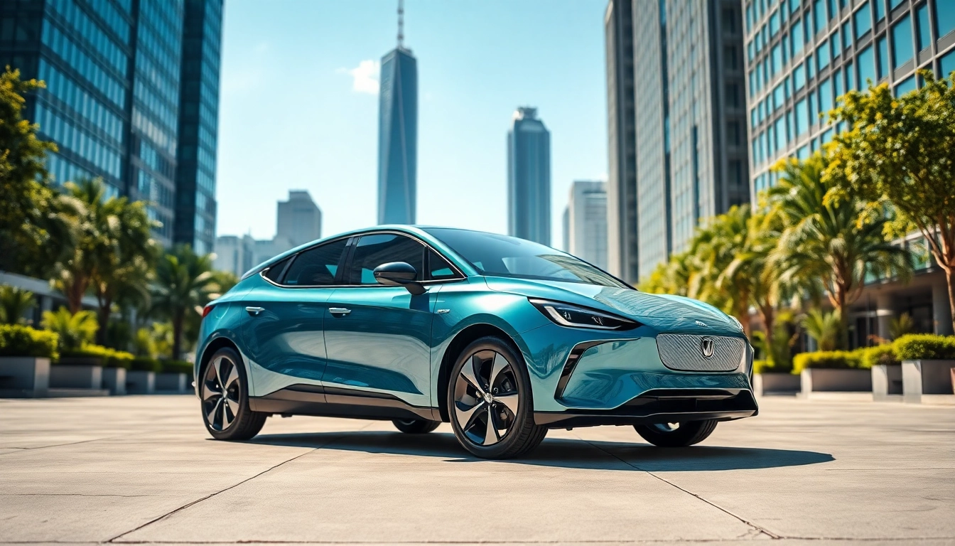 Elektroautos showcased in a vibrant urban setting with sleek design and modern architecture.