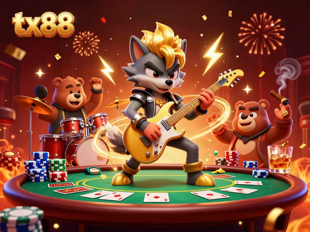 Experience the thrilling excitement at tx88 with a vibrant casino scene featuring a rock star wolf and a drummer bear.