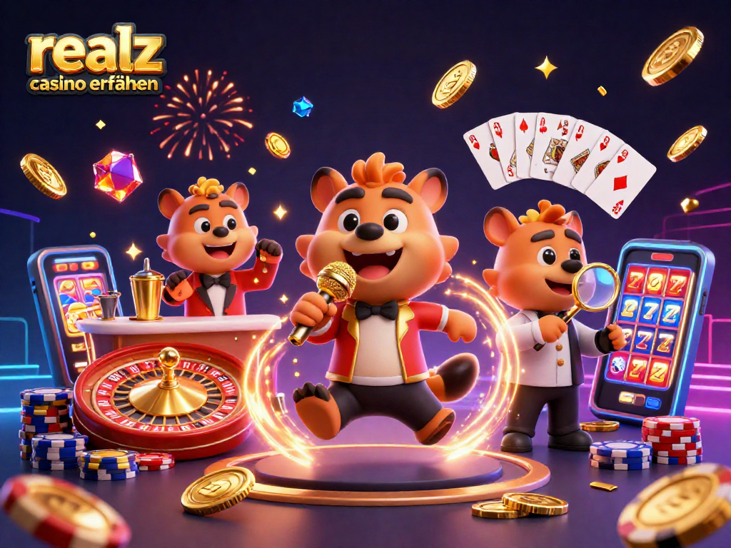 Erlebe spannende realz Casino Erfahrungen mit einer humorvollen 3D-Cartoon-Szene, die Casino-Elemente vereint.
