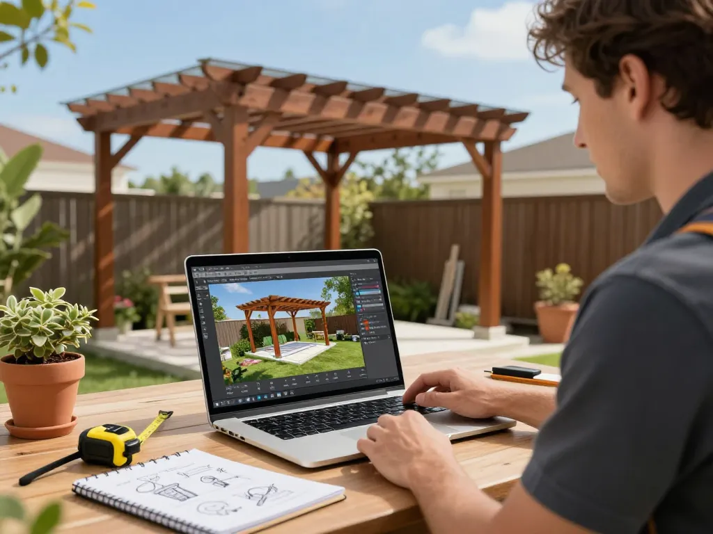 Ein Fachmann verwendet fortschrittliche Software für Pergola-Installateure, um eine maßgeschneiderte Pergola in einer lebhaften Gartenlandschaft zu entwerfen.