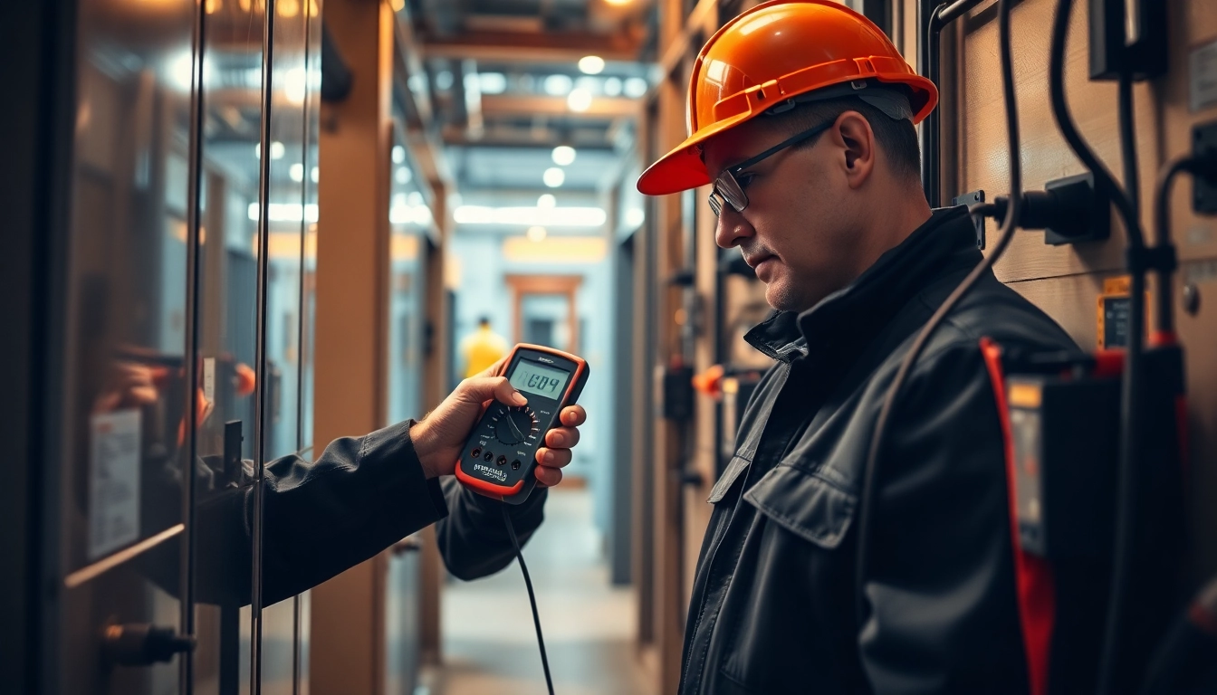 Technician performing a DGUV V3 Prüfung on electrical devices, ensuring workplace safety and compliance.
