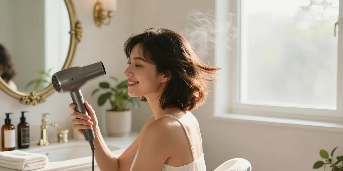 Woman using a small hair dryer in a bright bathroom, showcasing a stylish haircut and self-care routine.