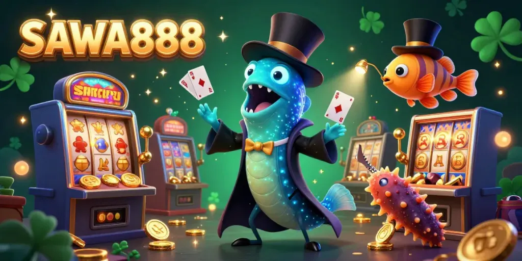 Experience the excitement of SAWA888's casino action with lively characters performing magic tricks and vibrant slot machines.