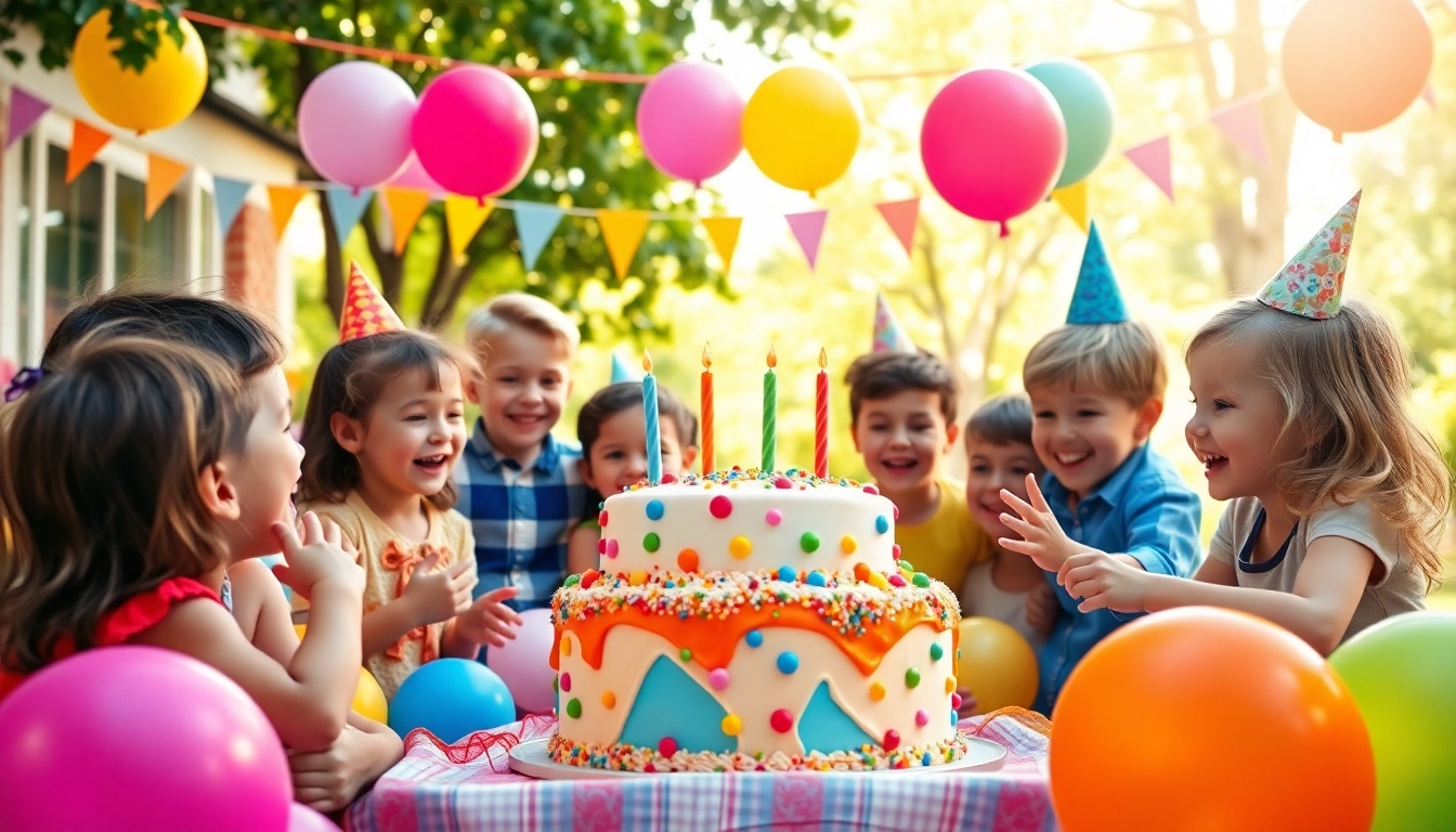 Feiernde Kinder beim Kindergeburtstag 4 Jahre mit bunten Dekorationen und fröhlicher Stimmung.