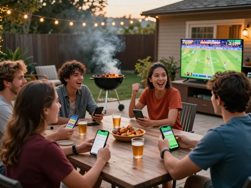 Place bets on sports games at https://va88.uno/ with friends cheering, smartphones visible in a backyard setting.