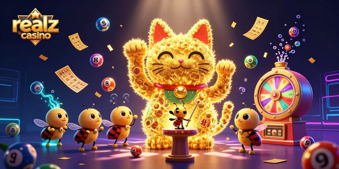 Experience the vibrant scene at realz casino, showcasing a lucky cat and bouncing lottery balls in a dynamic casino atmosphere.