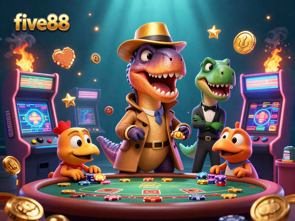 Experience five88 with a velociraptor card counter and dynamic casino atmosphere.