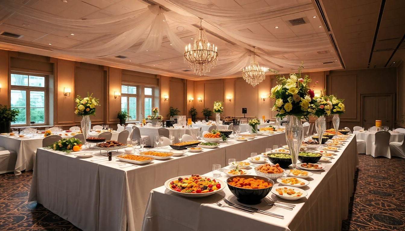 Ein stilvolles Eventcatering-Buffet mit kreativ angerichteten Speisen und festlicher Atmosphäre.