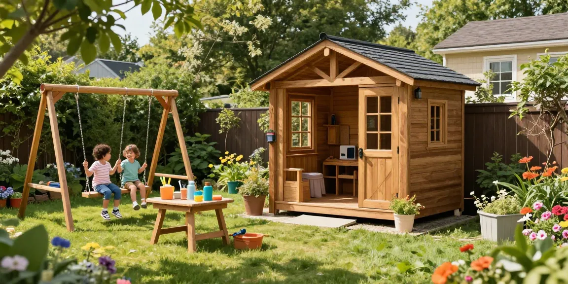 Ein Holz-Gartenhaus in einem schönen Garten mit einer spielenden Familie, das die perfekte Garten-Oase darstellt.
