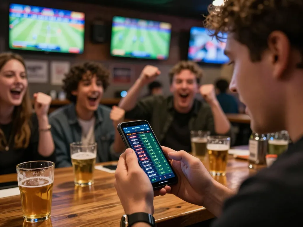 Engaging sports betting moment highlighting tỷ lệ nhà cái on smartphone screen amidst a lively sports bar.