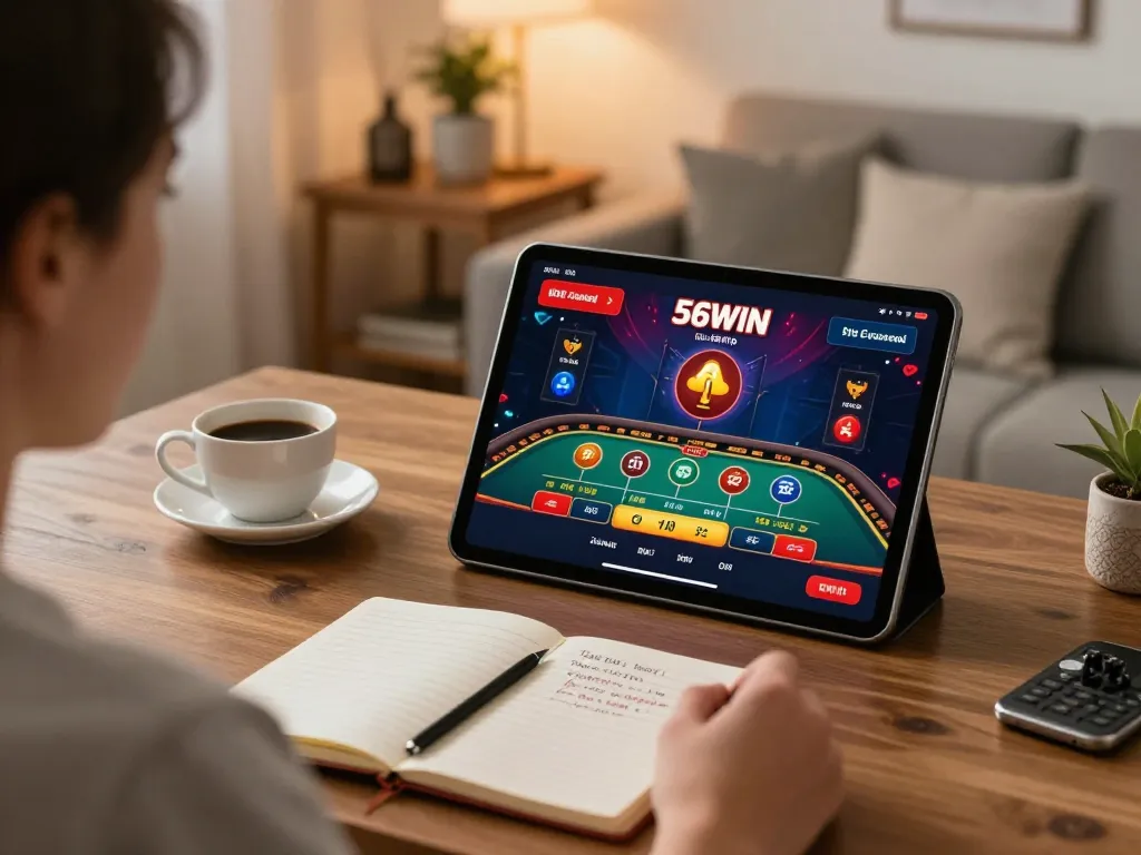 Engaging gameplay on the 56WIN casino app with a live dealer, showcasing a cozy atmosphere and strategic betting.