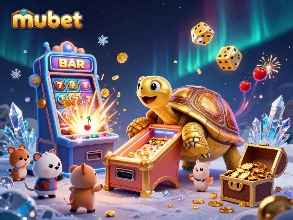 Join the excitement at mubet with a vibrant scene of a golden tortoise pinball, slot machine, and playful animals.