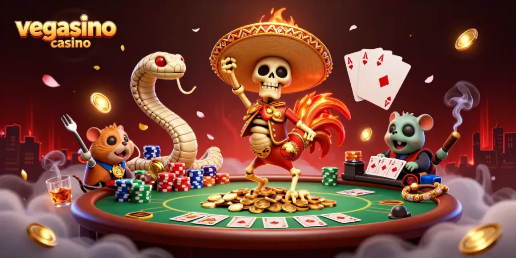 Experience the excitement of vegasino casino with colorful characters dancing and poker elements.