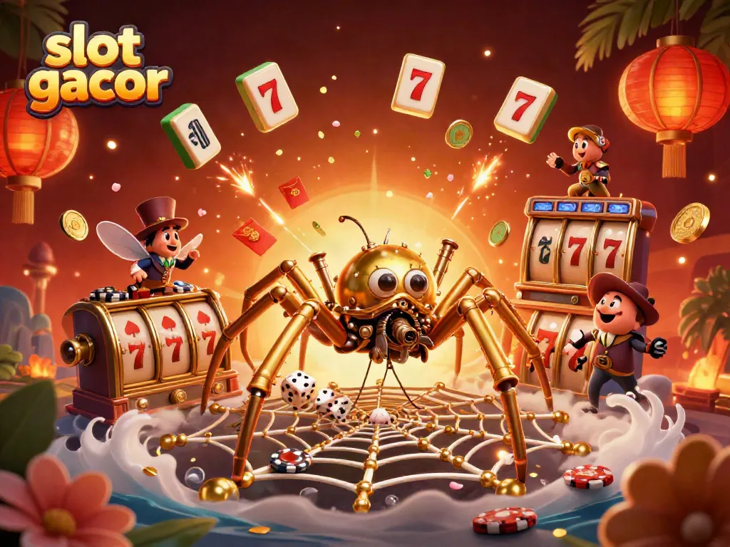 Experience slot gacor excitement in a whimsical 3D scene featuring a golden spider and games galore.