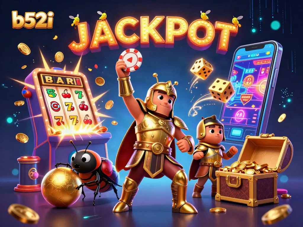 Engage with b52i in an exciting casino scene of a beetle lifting a poker chip and jackpot elements.
