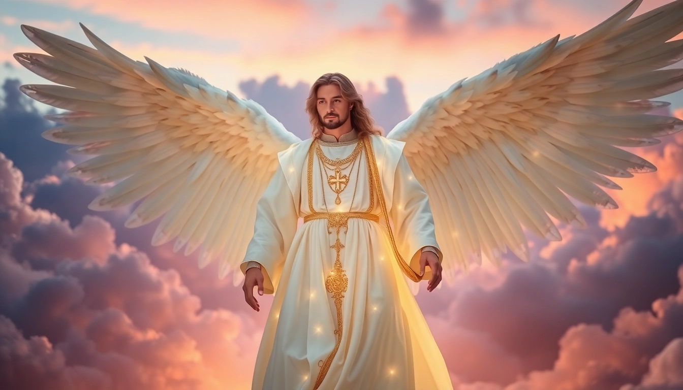 Erzengel Gabriel in majestätischer Pose mit leuchtenden Flügeln und himmlischem Hintergrund.