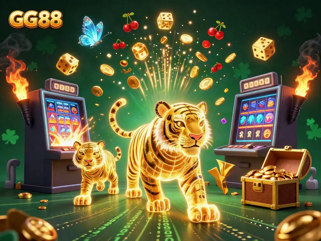 Win big with GG 88 at the vibrant digital casino, featuring golden tiger and dynamic slot machines.