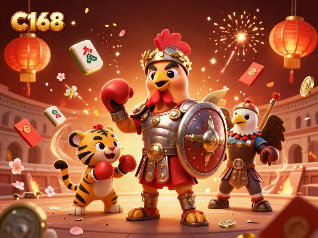 C168 gladiator rooster and tiger cub in an energetic casino-themed celebration scene