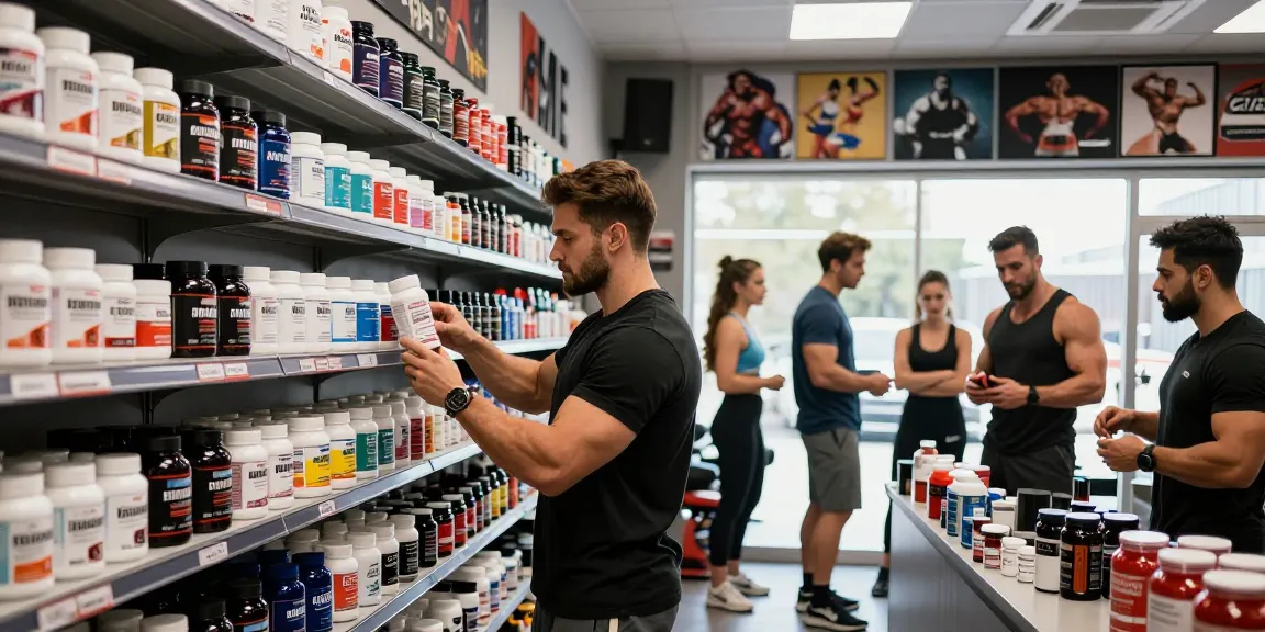 Anabolika Shop showcasing bodybuilding steroids with customers interacting and exploring options.