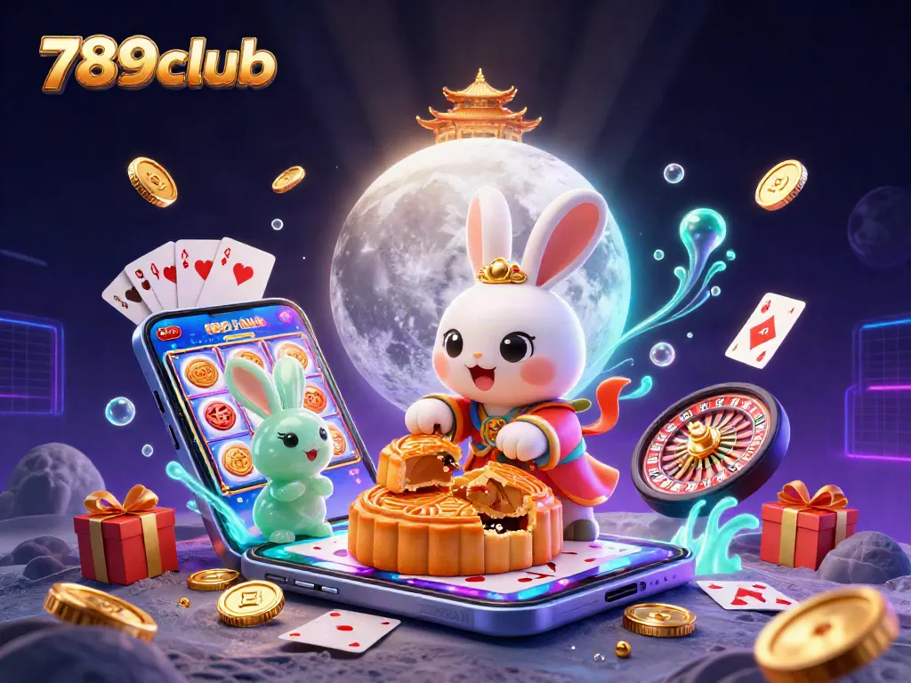 Experience the excitement of 789club with vibrant slots and gaming elements in a captivating lunar scene.