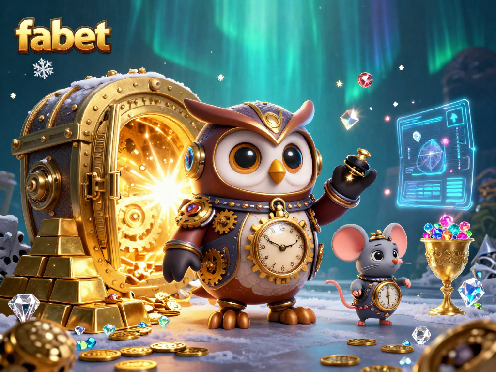 Experience thrilling gameplay at fabet with a time-traveler owl amid casino treasures and holographic displays.