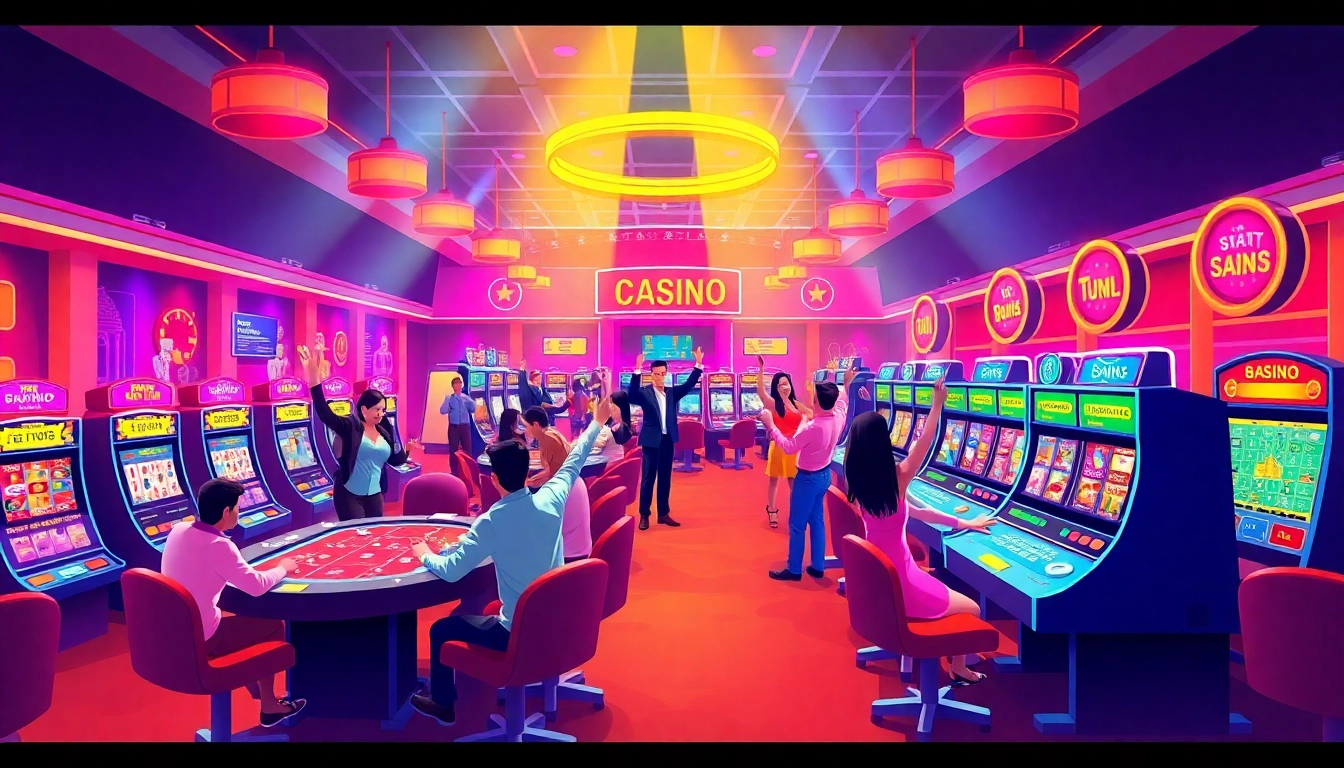 Engaging scene of beste online casinos ohne deutsche lizenz featuring happy gamers and colorful slot machines.