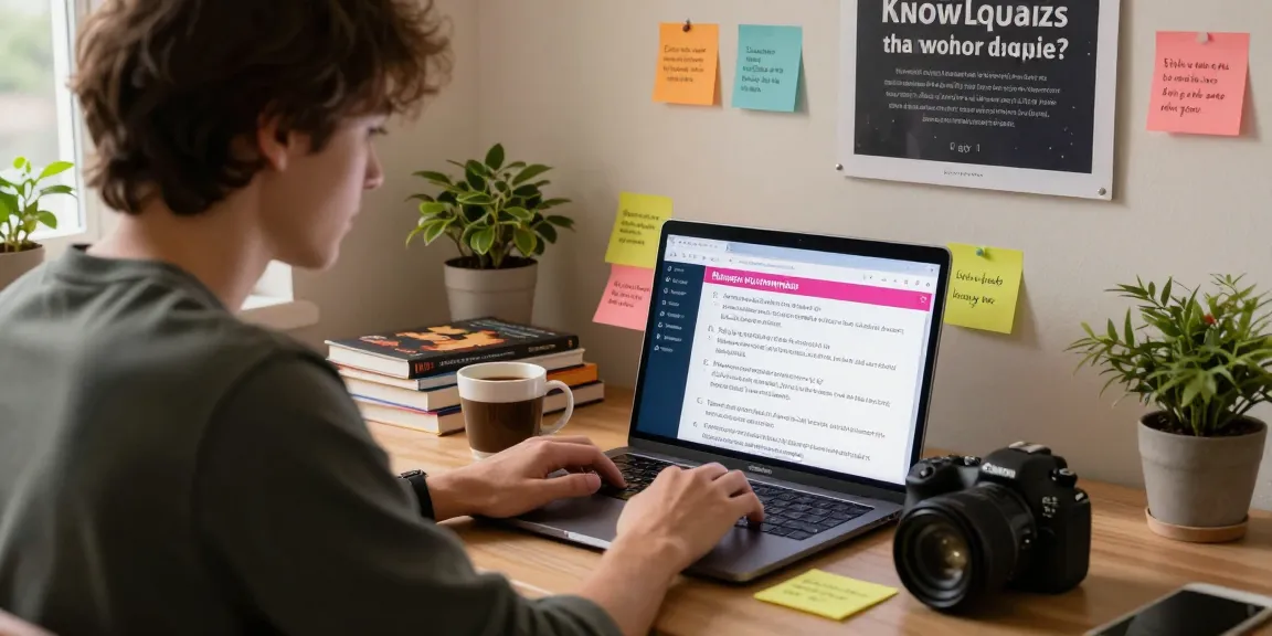 Quiz Allgemeinwissen scene in a cozy home office with a student focused on vibrant trivia questions.