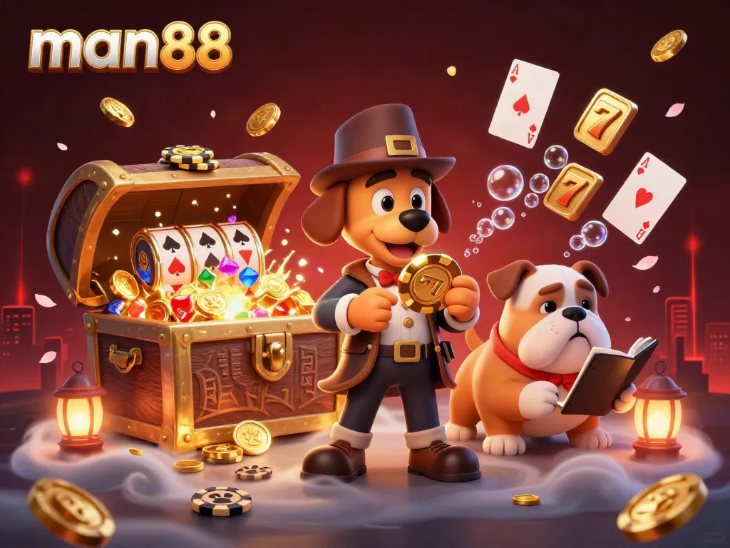 man88 players uncover golden poker chips amidst treasures in a vibrant 3D casino adventure