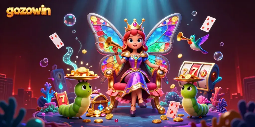 Experience the vibrant world of gozowin with dazzling gems and casino elements in a dynamic 3D illustration.