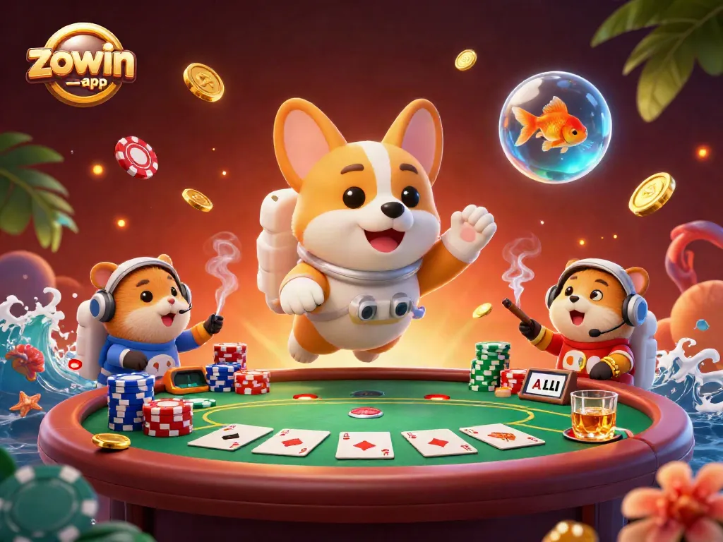Experience thrilling gameplay with the zowin-app floating in a vibrant, animated casino scene.