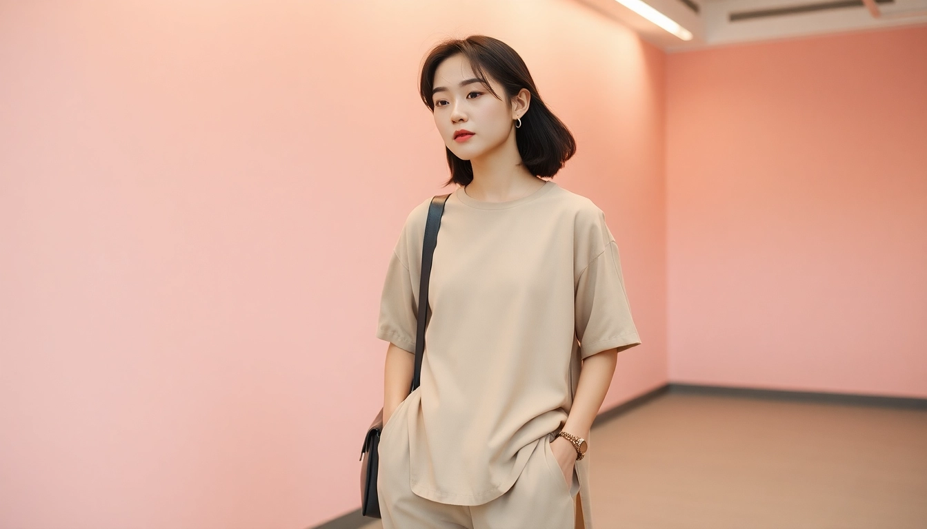 Trage stil-koreanisch mit eleganten pastellfarbenen Outfits in einem urbanen Setting.