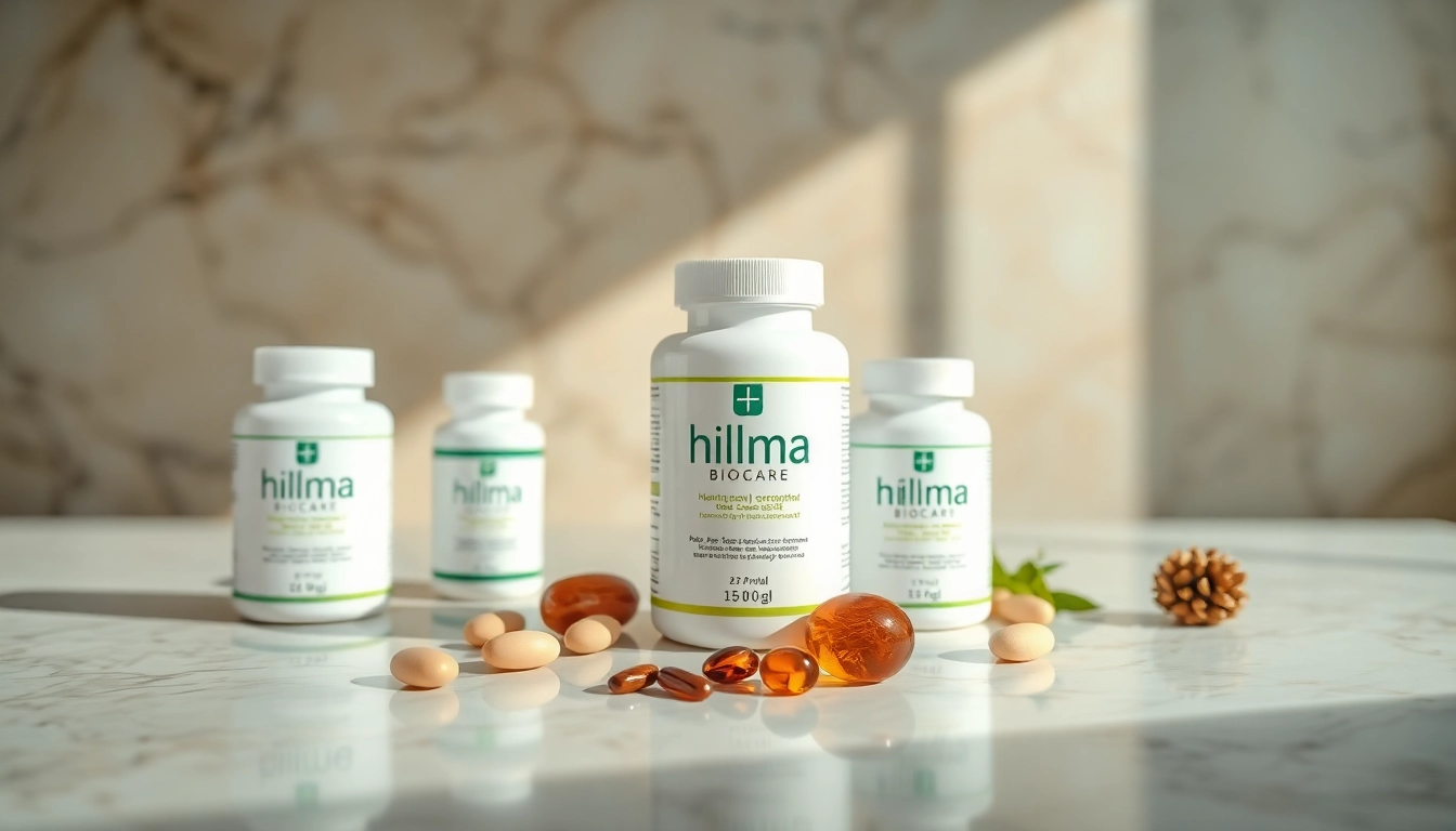 hilma biocare Produkte in eleganter Anordnung auf marmoriertem Hintergrund zeigen Wellness und Vitalität.