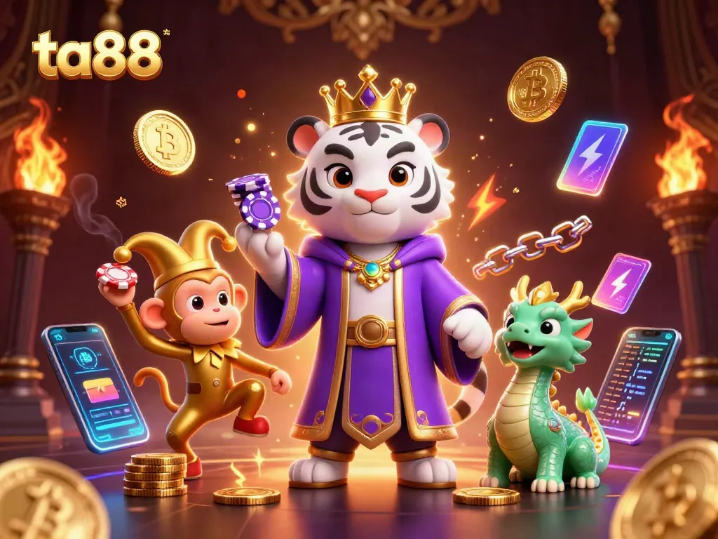Experience casino excitement with the ta88 brand, featuring a tiger, monkey, and jade dragon in a vibrant setting