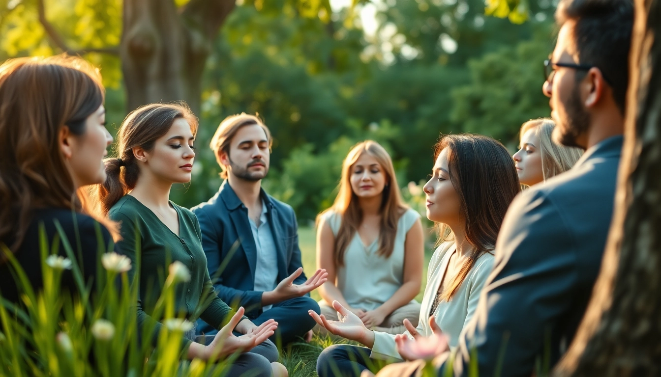 Individuals practicing mindfulness outdoors to enhance emotional wellbeing amidst nature.
