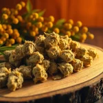 Leckere cannabis kekse frisch aus dem Ofen auf einem Holzbrett serviert.