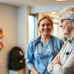 Pflegedienst gründen: Unterstützung durch Pflegekraft in modernem Büro für ältere Menschen.