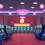 Spiele in casinos online deutschland: Spieler an Automaten in leuchtendem Ambiente genießen die Atmosphäre.