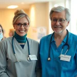 Ambulante Pflegedienst Werbung gestalten, während Mitarbeiter mit Menschen interagieren.