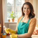 Hauswirtschaftskraft in Hameln reinigt ein gemütliches Wohnzimmer mit frischen Blumen.