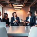Unternehmensberatung in einem modernen Büro, während Berater an Strategien arbeiten und sich austauschen.