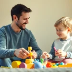 Kindererziehung: Eltern spielen kreativ mit ihrem Kind in einem einladenden Raum.
