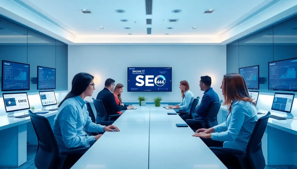 Boost SEO.my with a modern workspace featuring analytics displays and a collaborative team environment.