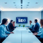 Boost SEO.my with a modern workspace featuring analytics displays and a collaborative team environment.