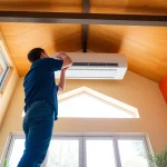 Enthusiastic professional installing Klimaanlagen installieren lassen in a bright modern space with visible tools.